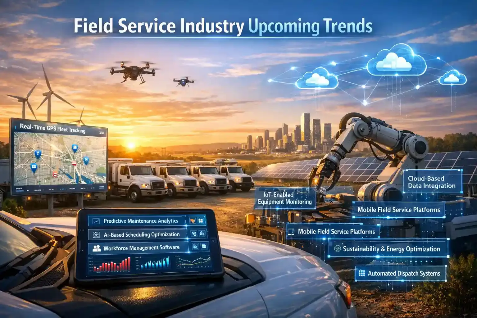 Smart field service yard with AI dashboards and renewable energy at sunrise